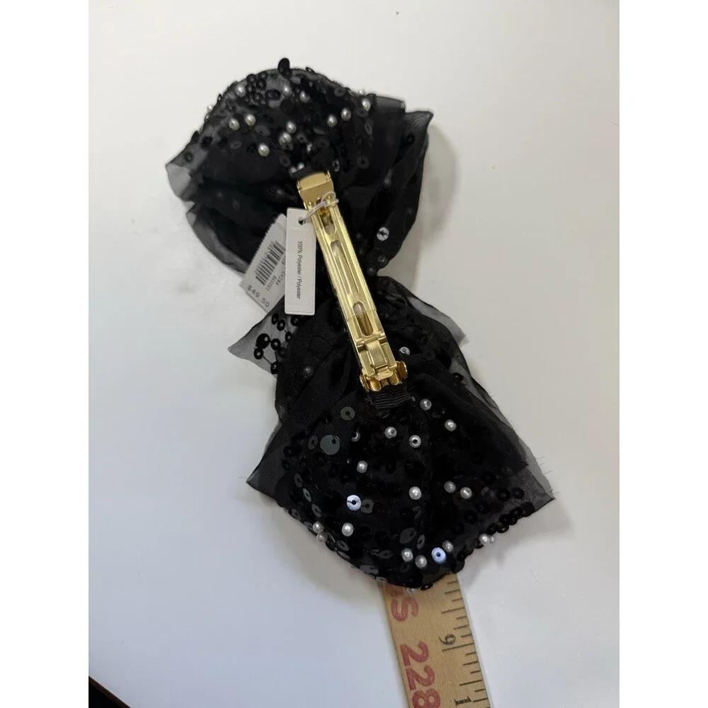 J.Crew Black Mesh Sequin And Faux Pearl Bow Barette New